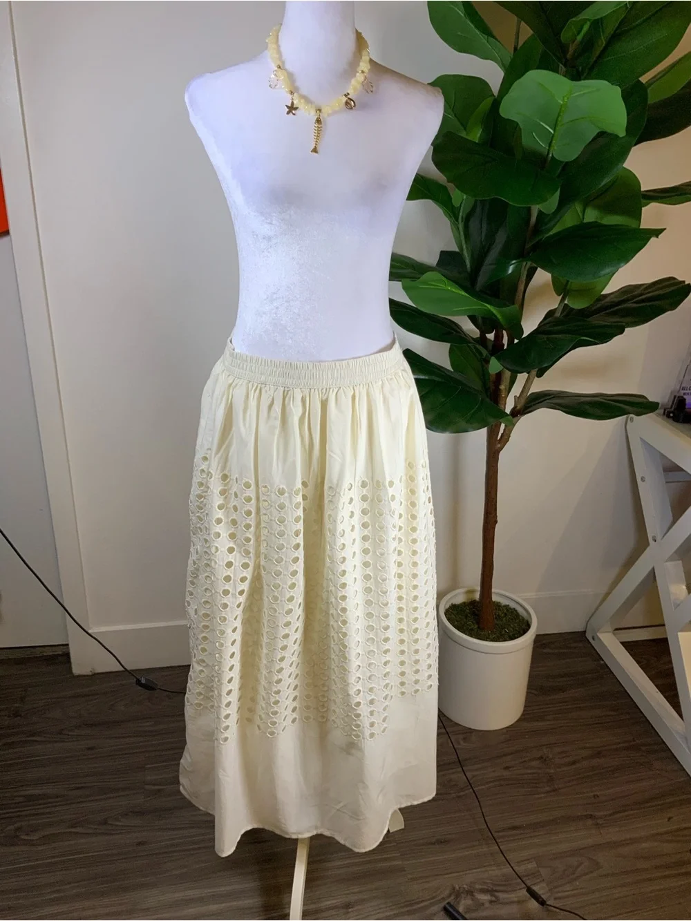 Jennifer n Grace Cream Eyelet Maxi Skirt with Elastic Waist